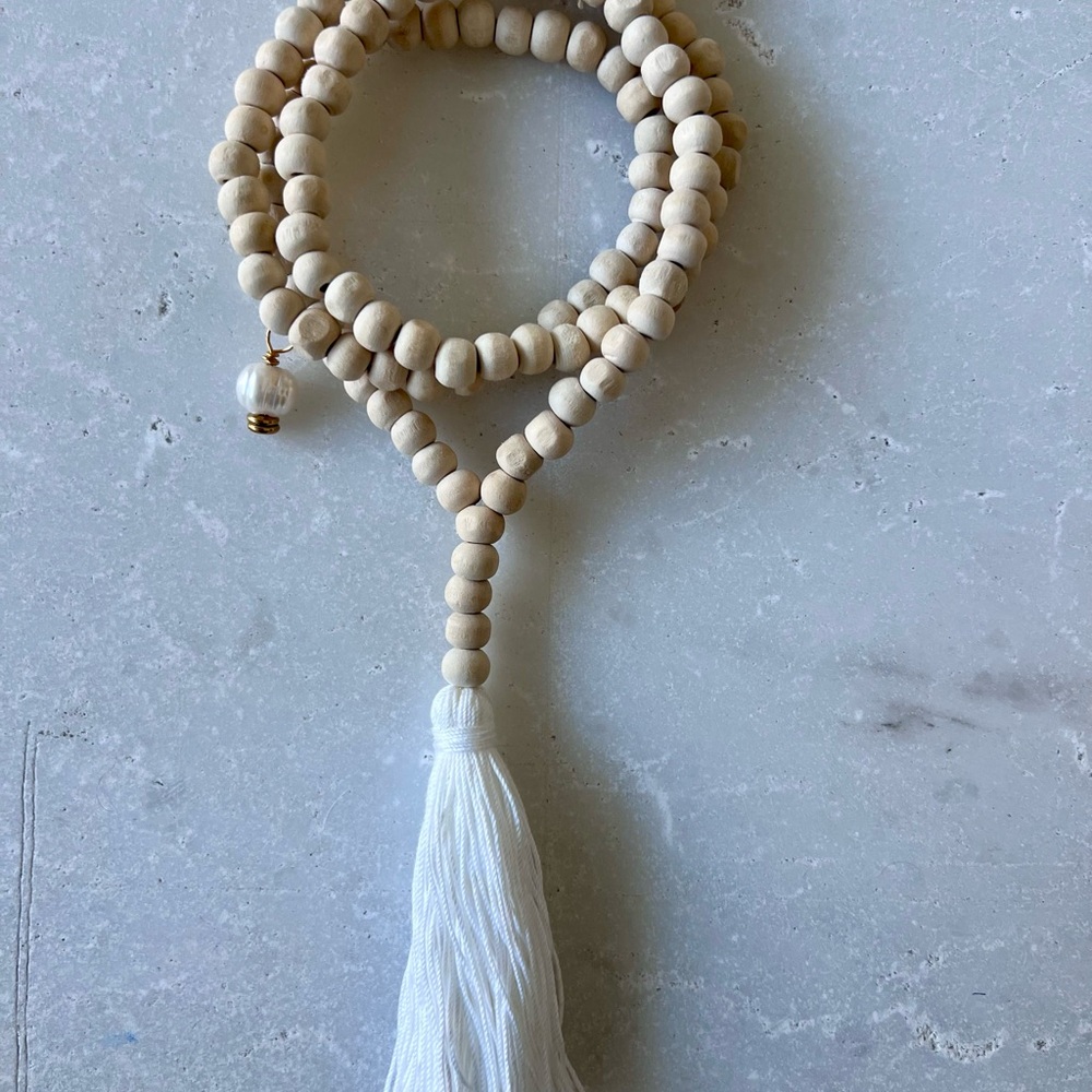 Elegant Cream Wood Beaded Mala Necklace with Tassel and Pearl Charms